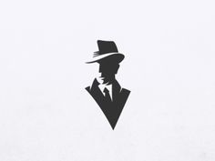 the silhouette of a man in a suit and hat is shown on a white background