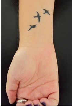 a woman's wrist tattoo with birds flying in the sky on her left hand