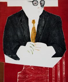 a painting of a man in a suit and tie with his hands on his chest