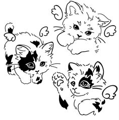 three cats that are drawn in black and white