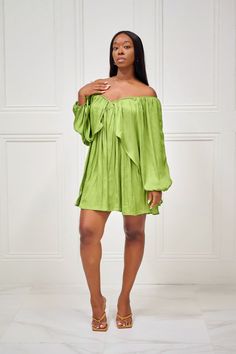 As Kenya Moore would say, 'Gone with the Wind Fabulous'. You'll definitely be muttering that as you sashay down the street in this gorgeous kiwi-green dress with long sleeves, a classic V neck at the front and back, full lining and back tie detail. No one will accuse you of not being a fashion maven with this on! Pair with gold accessories for an elegant look! CONTENT & CARE Hand wash with cold water Do not bleach Iron on low heat Self and Lining: Polyester DEETS & FIT Model is wearing a Long Sleeve Off Shoulder Dress For Brunch, Spring Long Sleeve Off Shoulder Dress For Date Night, Green Chic Off Shoulder Evening Dress, Chic Green Off Shoulder Evening Dress, Chic Green Off-shoulder Evening Dress, Summer Party Off Shoulder Long Sleeve Dress, Summer Party Long Sleeve Off Shoulder Dress, Elegant Green Off-shoulder Mini Dress, Green Off-shoulder Mini Dress For Evening