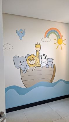 this is an image of a children's room with animals on the boat painted on the wall