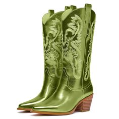 PRICES MAY VARY. [Pull up Tabs] These embroidered metallic green cowboy boots are especially designed both sides with pull on tabs,which is easy to put on and take off. [Suitable medium heel height] The heel height of these western green cowgirl boots is about 6.4cm/2.5 inches. You will not feel tired even wear on them for a long time. [Classic Embroidery Design] These green cowboy boots for women are designed with classic embroidery. Pull-on style for easy put on and take off, almond-shaped poi Green Cowboy Boots, Cowboy Boots For Women, Cowboy Stuff, Metallic Boots, Boot Pulls, Boots Women Fashion, Western Cowboy Boots, Calf Boots, Boots For Women