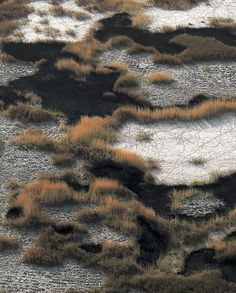 an aerial view of grass and dirt in the desert, looking like it has been frosted