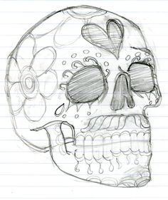 a drawing of a skull with flowers on it's head and eyes drawn in pencil