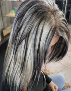 White Silver Highlights, White Hair With Black Lowlights, Dark Brown Hair With Platinum Peekaboos, Black Lowlights In Blonde Hair, Dark Brown Hair With White Highlights, Black To Blonde Ombre Hair, Grey Hair With Highlights, Silver Hair Highlights Brown Brunettes, Black Hair With Platinum Highlights