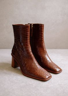 Winter Silhouette, Brown Co, Brown Leather Ankle Boots, Sustainable Leather, Block Heel Ankle Boots, Croc Leather, Beautiful Boots, Brown Leather Boots, Heeled Ankle Boots