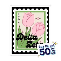 a stamp with pink flowers on it and the words delta fe written in black ink