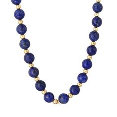 We fell in love with lapis years ago; the deep blue hues are otherworldly. Alongside each lapis stones sits a 3mm, 14k  solid yellow gold bead. Use a small, clean bowl and add a dime size amount of clear, gentle dish soap. Add hot water to the bowl, place your fine jewelry in the bowl and soak for 10-15 minutes. Remove and gently clean behind the settings and in between crevices with a soft bristle brush to remove any debris. Rinse, blot dry and shine your gold or platinum jewelry with a polishi Lapis Lazuli Round Beaded Necklaces, Lapis Lazuli Necklaces With 8mm Beads, Necklace With 8mm Round Lapis Lazuli Beads, Lapis Lazuli Necklace With 8mm Beads, Single Strand Lapis Lazuli Round Bead Jewelry, Sapphire Colored Lapis Lazuli Round Bead Jewelry, Gold Single Strand Lapis Lazuli Beaded Necklace, Sapphire-colored Lapis Lazuli Round Beaded Jewelry, Royal Blue Lapis Lazuli Necklaces With Round Beads