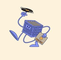 a cartoon character holding a record player in his hand