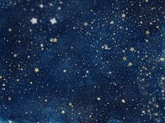 the night sky with stars and clouds painted on it's blue paper, as well as watercolors