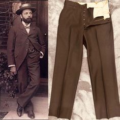 "EDWARDIAN LATE 1910- EARLY 1920s  MENS TROUSERS. A HANDSOME WOOL PANT, IN A CLASSIC INKY JET BLACK.  FEATURES A FLAT FRONT, AND 4 POCKETS, WITH FULL BUTTON FLY IN FRONT. INNER COTTON WAISTBAND AND POCKET LINING. (SEE BELOW FOR CONDITION COMMENTS). SUSPENDER BUTTONS INSISE WAISTBAND. No labels.  SIZE/MEASUREMENTS: 32\" WAIST    38\" SEAT   11.5\" RISE 29\" INSEAM/LENGTH  2.5\" HEM (available fabric inside hem for lengthening inseam)  CONDITION: pre-owned authentic antique condition. FRESHLY DRY Classic Fitted Dress Pants, Vintage Tailored Bottoms With Pockets, Tailored Vintage Bottoms With Pockets, Classic Fitted Breeches With Pockets, Vintage Tailored Tapered Leg Bottoms, Vintage Dress Pants With Tapered Leg And Belt Loops, Vintage Dress Pants With Tapered Leg, Vintage Tailored Bottoms With Tapered Leg, Vintage Tailored Trousers