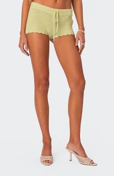 Barely there shorts are knit in an open stitch and comfortably fastened with a slim drawstring. Drawstring waist 100% acrylic Hand wash, dry flat Imported Short Knit Bottoms For Loungewear, Knit Short Bottoms For Loungewear, Summer Knit Beach Bottoms, Knit Bottoms For Summer Vacation, Summer Vacation Knit Bottoms, Knit Shorts With Elastic Waistband, Spring Knit Bottoms, Spring Knit Bottoms Of Short Length, Knit Beach Shorts For Summer