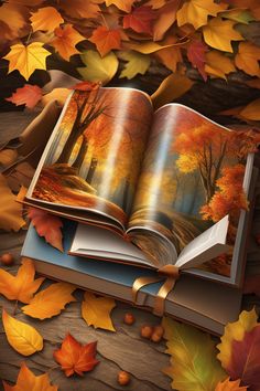 an open book sitting on top of a wooden table surrounded by autumn leaves and falling leaves