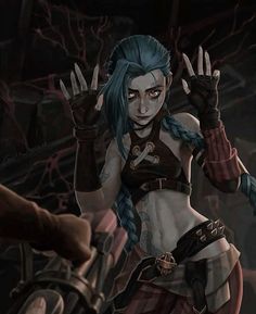 a woman with blue hair holding up her hands