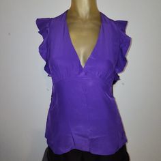 Bcbg Silk Purple Ruffle Blouse Size Xxs Nwot V-neck Ruffle Blouse For Night Out, Purple Ruffle Sleeve Summer Tops, Purple Ruffle Sleeve Tops For Summer, V-neck Ruffled Blouse For Night Out, Chic Ruffle Sleeve Blouse For Night Out, Summer Date Night Blouse With Ruffles, Chic Purple Tops For Night Out, Chic Purple Top For Date Night, Fitted Tops With Ruffle Sleeves For Night Out