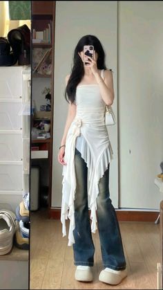 Outfit Design Inspiration, Mini Dress With Jeans Outfit, Dress On Jeans Outfit, Jeans And Dress Outfit Y2k, Simple Layering Outfits, Jeans Over Dress, Dress Over Jeans Aesthetic, Caretaker Outfit, White Woman Outfit