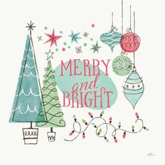 a merry and bright christmas card with ornaments