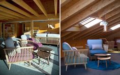 two pictures of chairs and tables in a room with wooden walls, one has blue carpet and the other has wood paneling