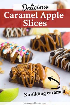 caramel apple slices with chocolate drizzle and sprinkles on top