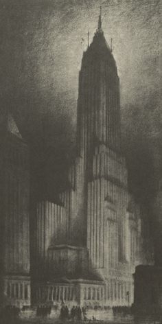 an old black and white photo of a tall building with people standing around it at night