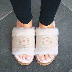 ivory monogrammed faux fur slippers Monogrammed Pajamas, Faux Fur Slides, Marley Lilly, Slide Slippers, Faux Fur Slippers, Fuzzy Slippers, Fur Slippers, Slippers Cozy, House Shoes