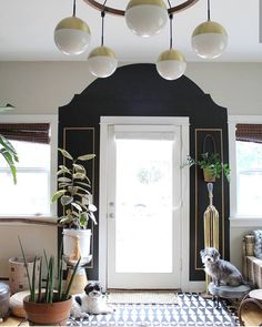 a black and white checkered rug in the middle of a room with potted plants