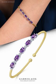 14K White-Yellow Gold Bujukan Bead Cuff Bracelet with Amethyst and Diamond Stations BG4448-65M45AM #GabrielNY #DiamondJewelry  #Gabriel&Co #UniqueJewelry #FineJewelry #FashionJewelry #GiftIdeas #UniqueGifts #Bangle #FashionBangle #DiamondBangle #YellowGoldBangle   #Bangles #Bracelets #BujukanBabe #GabrielAndCo #GabrielNY #Jewelry #Design #HandcraftedJewelry #Elegance #Diamonds #Bujukan #Gold #YellowGold #WhiteGold Luxury Diamond Amethyst Ring, Luxury Modern Amethyst Jewelry, Luxury Elegant Bangle Beaded Bracelets, Luxury Gold Amethyst Bracelet, Luxury Elegant Amethyst Bangle, Elegant Luxury Gemstone Cuff Bracelet, Luxury Gemstone Bracelets For May Birthstone, Luxury Amethyst Gemstone Bracelets, Luxury Elegant Amethyst Cuff Bracelet