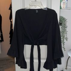 Never Worn Front Tie Black Blouse Size M Black Summer Blouse For Brunch, Black Long Sleeve Blouse For Brunch, Long Sleeve Black Blouse For Brunch, Black V-neck Top For Brunch, Black Blouse For Brunch In Fall, Black Spring Blouse For Brunch, Chic Black Top For Brunch, Tie Blouse, Shein Tops