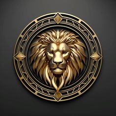 a golden lion's head is in the center of a circular design on a black background