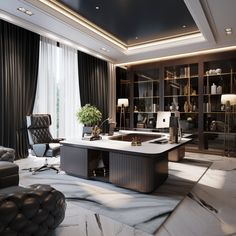 an elegant office with black leather chairs and white marble counter tops, built in shelving units