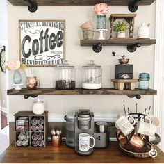 the shelves are filled with coffee and other items