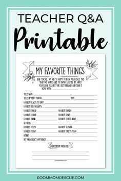 the teacher q & a printable for my favorite things is shown in black and white