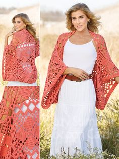 a woman wearing a red crocheted shawl and white dress