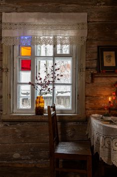 a table and chair in front of a window