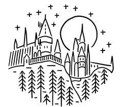 hogwarts castle with trees and stars in the sky, black and white drawing