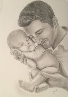 a pencil drawing of a man holding a baby in his arms and smiling at the camera