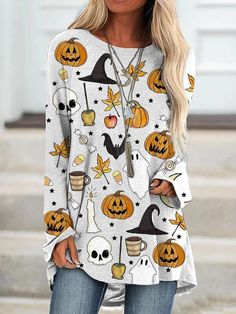 White Casual Graphic Tops Round Neck Long Sleeve Halloween Printed Sweatshirts Casual Cotton Top, Womens Basic Tops, White Top Women, Halloween Cartoons, Pumpkin Print, Long T Shirt, Round Neck Tops, Loose Tops, Online Tops