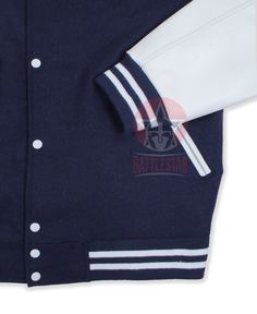 DETAILS OF JACKET The Classic Varsity Jacket Color: Navy Blue / White Navy Blue / White Rib on Neck, Wrist & Bottom/Hem Two External Side Pockets Exterior Sleeve: Cowhide Leather Interior: Polyester lining Style: Classic Varsity Care: DRY CLEAN ONLY We can add custom embroidery, printing, or labels on these jackets as per the customer's demand. Additional charges apply. Fitted Outerwear With Button Closure For College, Fitted Varsity Jacket With Button Closure For College, Blue College Varsity Jacket With Button Closure, Blue Varsity Jacket With Button Closure For College, College Blue Varsity Jacket With Button Closure, Blue Varsity Outerwear With Ribbed Cuffs, Fall Varsity Jacket With Snap Buttons, Blue College Outerwear With Ribbed Cuffs, Blue Outerwear With Ribbed Cuffs For College