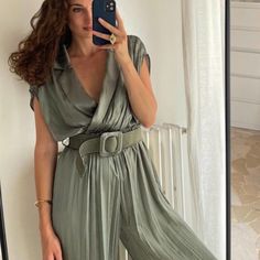 New With Tags Zara Green Satin Jumpsuit With Belt Size Large Green Satin Jumpsuit, Zara Leather Pants, High Waisted Trouser Pants, Animal Print Jumpsuit, Jumpsuit With Belt, Elastic Waist Leggings, Bell Sleeve Romper, Black Jogger Pants, Leather Jumpsuit