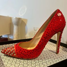 Philipp Plein “Great White” High Heel In Red Carpet Color. Size 40. Fascinating Decollet. Created With A Feminine Pointed Toe, It Has A Leather Toe Box Enriched With Pointed Studs. The Entire Piece Is Crafted From Sinuous Suede Covered In Dashing Crystals. The Swarovski-Embellished Heel Measures Approximately 11 Cm. Vintage Runway Spring 2016. New With Box And Tag. Only One Shoe Has Been Taken Out Of Box To Photograph. Bought Years Ago And Never Wore Them. Smoke Free, Pet Free Space. Spring Clos Red Embellished Pointed Toe Heels, Luxury Heels With Red Sole For Galas, Designer Red Heels For Wedding, Red Embellished Closed Toe Heels, Luxury Red-sole Heels For Wedding, Luxury Red Heels For Party, Luxury Wedding Heels With Red Sole, Luxury Red Heels, Rococo Shoes