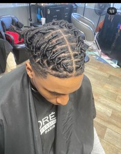 Starter Locs Hairstyles Men, Men Locs Styles Short, Two Barrel Twist Dreads, Men’s Loc Updo, Dread Designs For Men, Hightop Dread Hairstyles For Men, Barrel Twist Locs Men Short, Dread Barrel Styles Men, Loc Styles For Men Medium