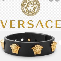 Versace Medusa Stud Leather Bracelet Size 1.6 Cm Elegant Formal Jewelry With Logo Plaque, Designer Formal Jewelry With Logo Plaque, Luxury Black Jewelry With Gold-tone Logo Plaque, Luxury Black Jewelry With Gold-tone Logo, Luxury Leather Jewelry With Logo Charm, Designer Gold Leather Bracelet, Designer Leather Bracelets, Luxury Leather Jewelry For Party, Luxury Leather Party Jewelry