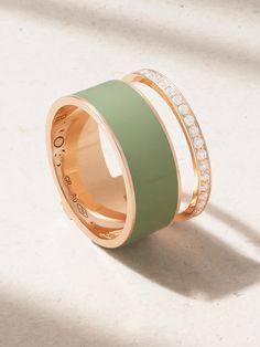 Repossi's 'Berbere Chromatic' ring appears to be two stacked together, but a slim beam connects the bands on the underside. Shimmering with diamonds, it's flawlessly crafted from 18-karat rose gold that offsets the sage-green enamel in such a pretty way. Rose Diamond Ring, Vs Diamond, Enamel Ring, Rose Gold Jewelry, Pink Ring, Green Enamel, Gold Enamel, Enamel Jewelry, Gold Diamond Rings