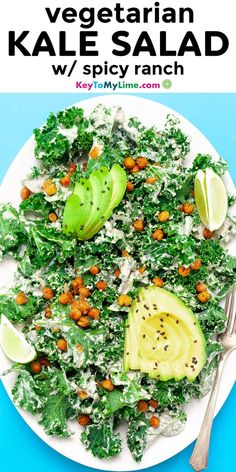 A picture of vegetarian kale salad with title text at the top. Spicy Kale Salad, Chik Fil A Lemon Kale Salad Recipe, Lemon Parm Kale Salad, Lacinato Kale Salad, Spicy Ranch Dressing, Chic-fil-a Kale Salad, Crunchy Chickpeas