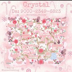 a pink and white map with lots of different things on it's side, including the words crystal