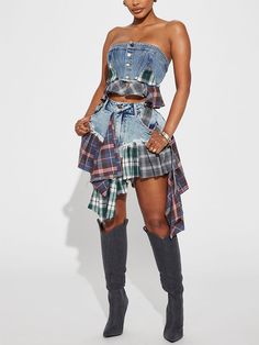 Asymmetric Denim Patchwork Plaid Skirt Plaid Patchwork Skirt, Fitted Medium Wash Denim Skirt With Asymmetrical Hem, Fitted Denim Skirt With Asymmetrical Hem In Medium Wash, Fitted Denim Skirt With Asymmetrical Hem, Denim Patchwork Mini Skirt, High-waisted Denim Patchwork Skirt, Casual Denim Patchwork Mini Skirt, Casual Denim Mini Skirt With Patchwork, Fitted Denim Asymmetrical Mini Skirt