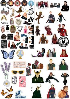 many different stickers are arranged in the shape of a collage with people and animals