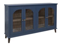 a blue cabinet with glass doors and wooden legs