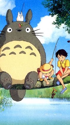 an animated image of people fishing in the water with totoro and other characters